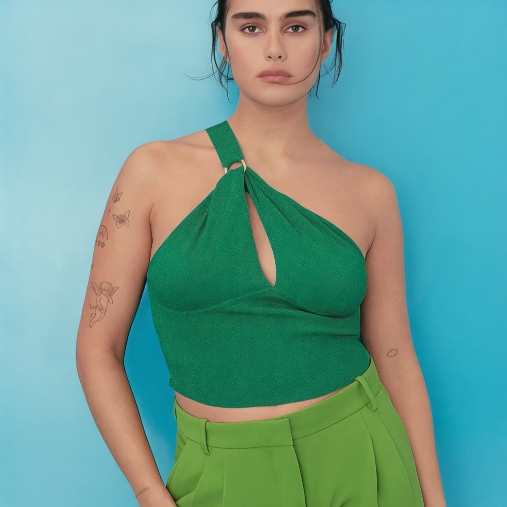 ZARA Green Gold Buckle One-Shoulder Knit Top Size S